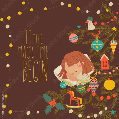 Beautiful cartoon girl sleeping near Christmas tree