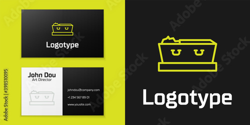 Logotype line Open coffin with dead deceased body icon isolated on black background. Funeral after death. Corpse in an open hearse for burial. Logo design template element. Vector