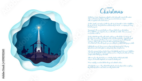 card or banner on merry christmas in green represented by a nativity scene with animals, the wise men on a blue green background and next to the text of the nativity all on a white background