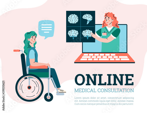 Online medical diagnostic and treatment of neurology disease for patient with disabilities. Doctor neurologist on laptop screen consults woman on result of mri, mrt scan. Vector.