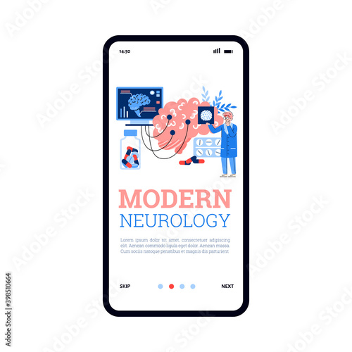 Vector mobile app on phone screen with concept of medical diagnostic, research, treatment of neurology disease in modern hospital. Doctor neurologist study mri scan of human brain.