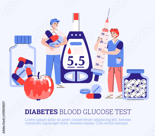 Diabetes test, control and treatment concept. Doctor making analyses for patient blood glucose level. Medical therapy, diet and lifestyle for diabetic. Vector flat illustration.