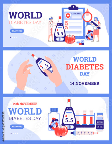 A set of banners with world diabetes day concept. Diet, control insulin and sugar level in blood, therapy, diet and medical care for diabetic. Vector illustrations.