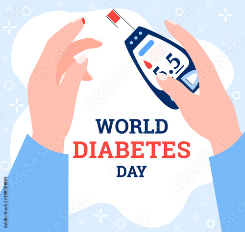 World diabetes day concept banner. Blood glucose test, control and checking insulin and sugar level. Diet, medical care, therapy and lifestyle for diabetic. Vector illustration