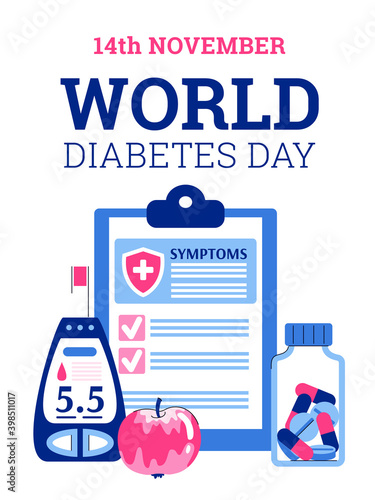 World diabetes day concept. Checking sugar level in blood, control insulin, awareness for diet, lifestyle and therapy for diabetic. Vector flat illustration.