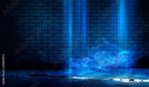 Dark brick wall, blue neon light. Rays and glare of light in the dark. Night view of a dark street, abstract projection on an empty wall. 3D illustration