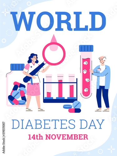 World diabetes day banner or poster layout with cartoon characters of doctor and elderly patient, flat cartoon vector illustration. Diabetes treatment international day.