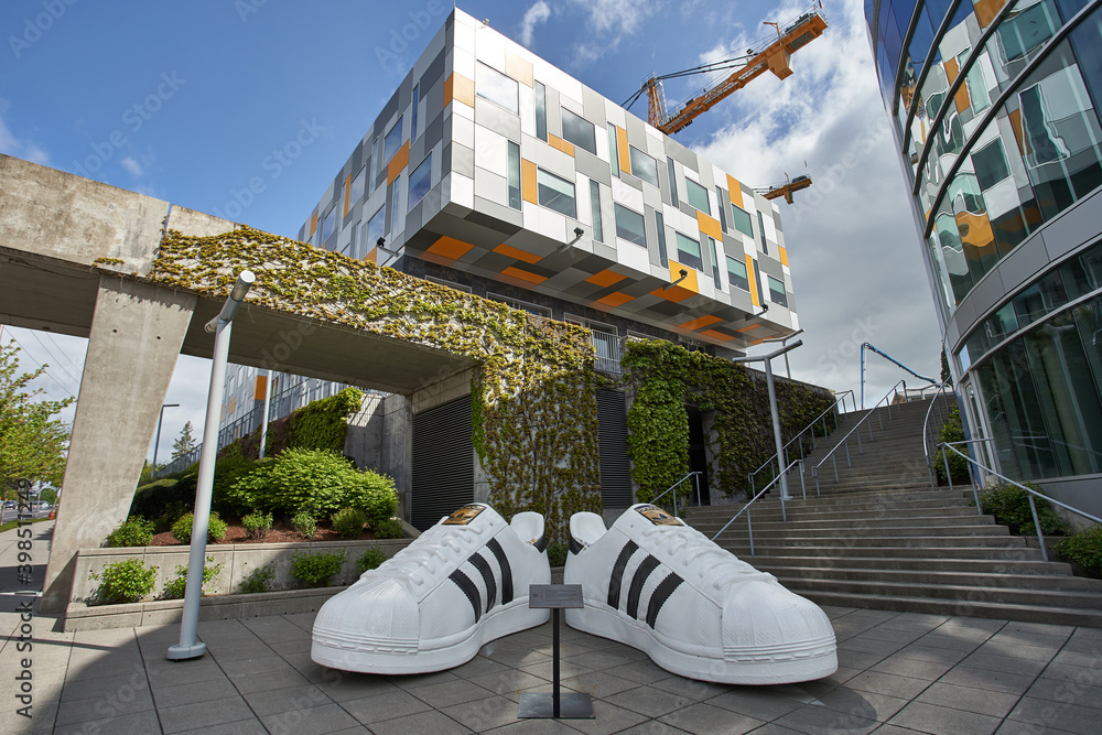 Portland, Oregon - May 2, 2019: The entrance to Adidas America Inc., the  North American Headquarters, in Portland, Oregon. Stock-Foto | Adobe Stock