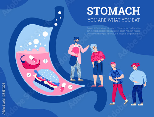 Stomach and digestive system medical banner or poster template with cartoon people, flat vector illustration. Gastroenterological problems and stomach diseases symptoms.