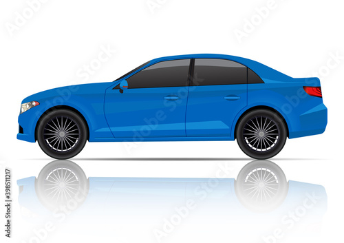 Realistic blue sedan car side view.