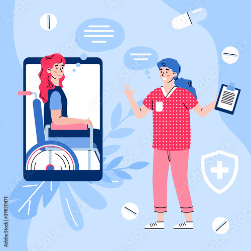 Doctor advising and giving online prescription to patient with disability, cartoon vector illustration. Online doctor and medical remote consultation, telemedicine.