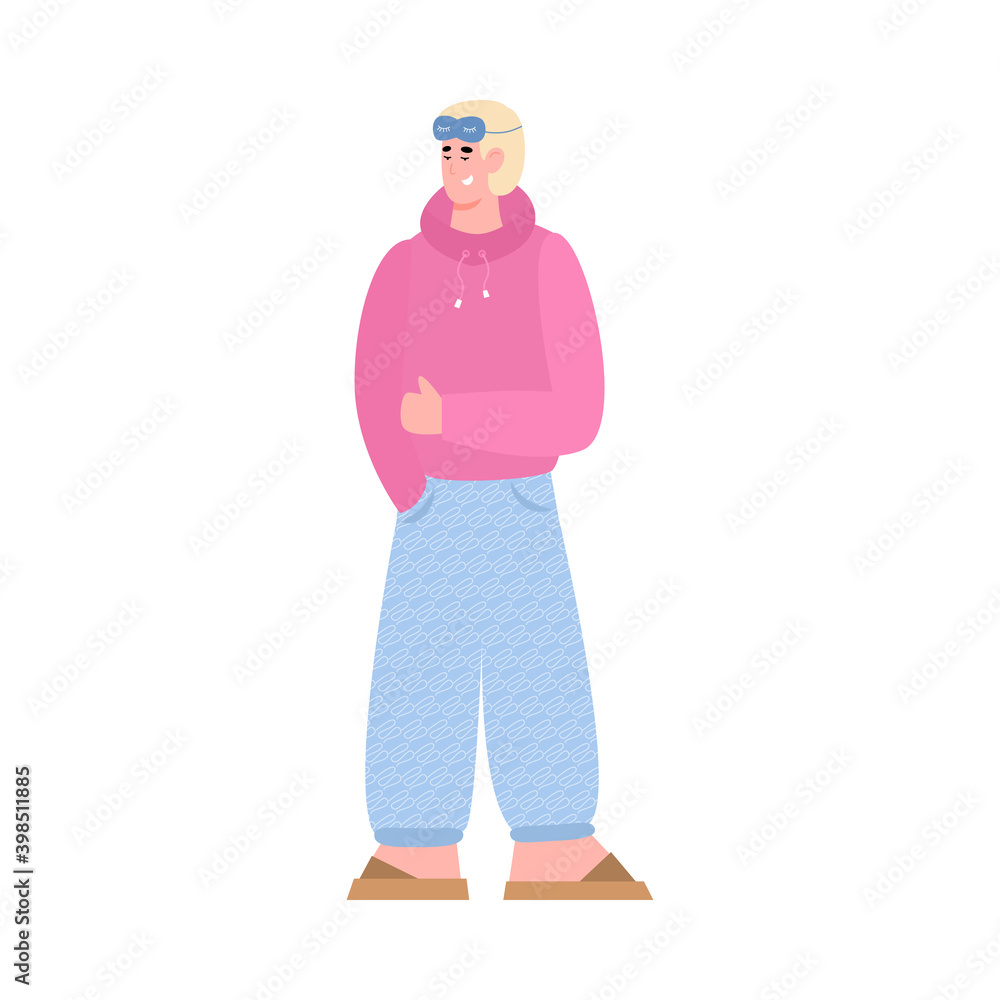 Pajama party. Smiling young man in pyjamas and sleep mask. Guy wearing night clothing having fun at trendy evening holiday. Vector flat illustration isolated on a white background. Pajama party. Smiling young man in pyjamas and sleep mask. Guy wearing night clothing having fun at trendy evening holiday. Vector flat illustration isolated on a white background.