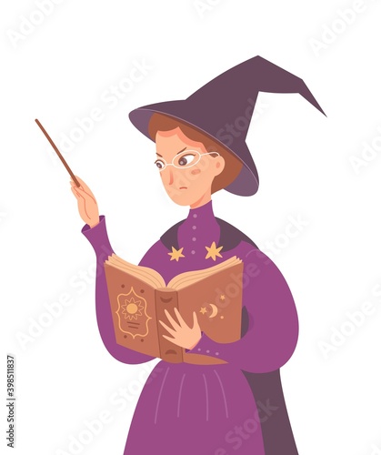 Witch casting spell with wand and book. Woman in glasses, hat and purple gown vector illustration. Fantasy world with magic and miracles. Angry magician isolated on white background