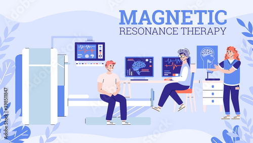 Banner with doctor and nurse explaining patient results brain mri scan. Medical diagnosis mrt, magnetic resonance tomography technology in hospital clinic. Vector illustration.