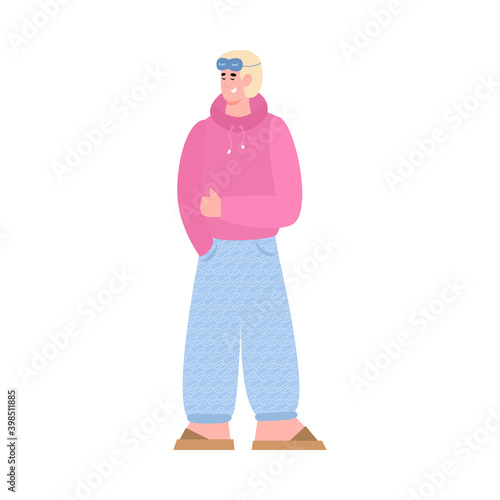 Pajama party. Smiling young man in pyjamas and sleep mask. Guy wearing night clothing having fun at trendy evening holiday. Vector flat illustration isolated on a white background.