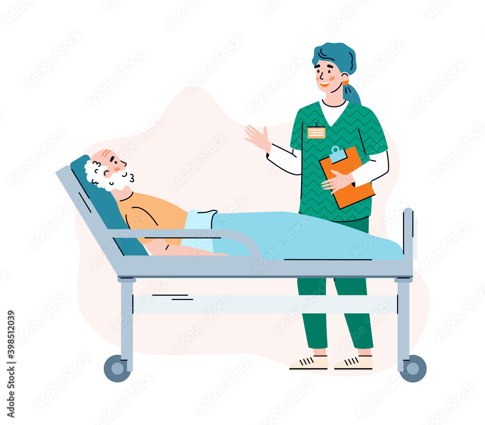 Woman doctor is taking care for male elder patient lying in medical hospital bed. Nurse talking with ill old man. Vector illustration isolated on a white background