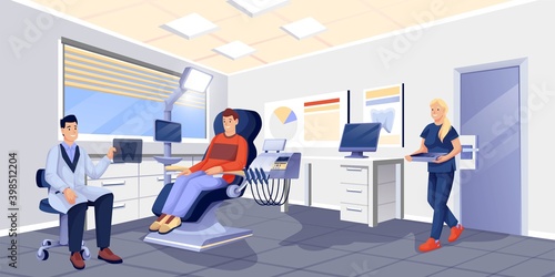 Patient, doctor and nurse in dentist office. Dental healthcare vector illustration. Man sitting in chair, doctor holding xray of tooth, nurse with instruments. Dentistry equipment