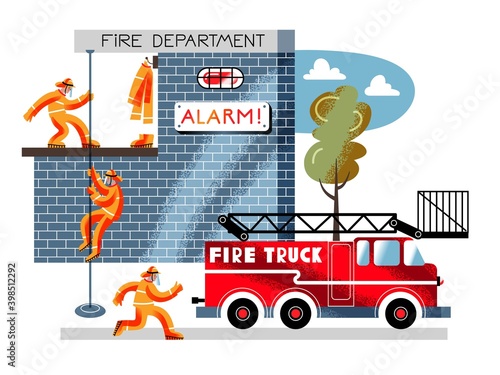 Firefighters hearing emergency alarm. Brigade in uniforms hurrying to rescue people from fire, running to firetruck from station building. Fire department team vector illustration