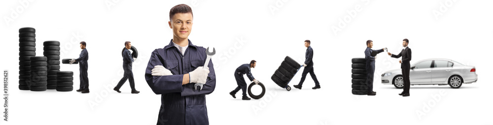 Young guy mechanic and workers carrying car tires, manager giving car keys to a businessman Young guy mechanic and workers carrying car tires, manager giving car keys to a businessman