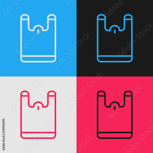 Pop art line Plastic bag icon isolated on color background. Disposable cellophane and polythene package prohibition sign.  Vector.