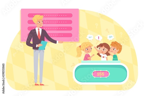 Kids playing quiz game with show host. Smart children in teams discussing answers to question in competition, host standing, score on boards. Television trivia show vector illustration