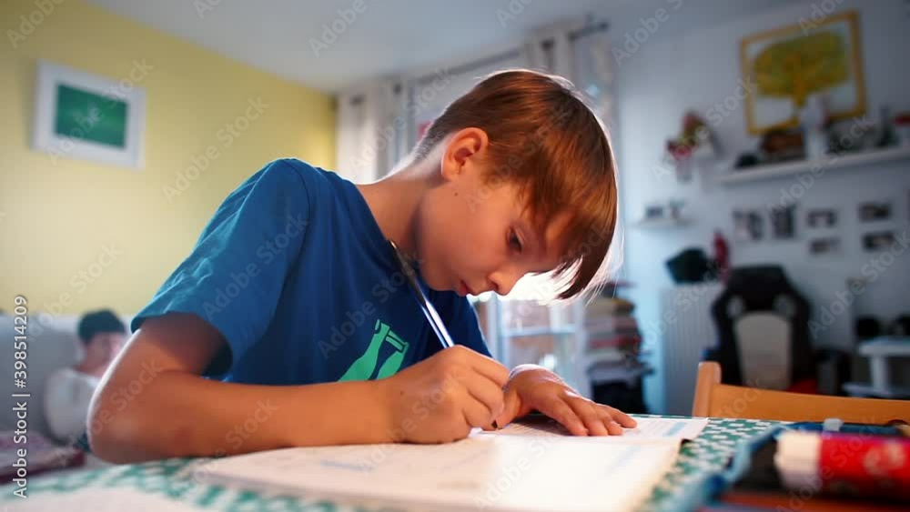 A teenager sits at a table doing homework. Writes text on paper by hand. Implementation of planned tasks in the educational program.