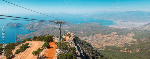 Panoramic view from the top of Babadag mountain with cable car to Oludeniz and Fethiye cities photo