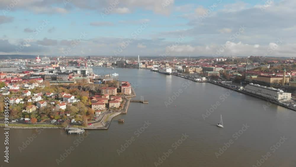 Gota Alv River in Gothenburg, View from Eriksberg, Aerial Ascending Gota Alv River in Gothenburg, View from Eriksberg, Aerial Ascending
