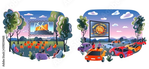Outdoor cinema, open air movie night set. Screen with film outdoor theatre vector illustration. People sitting on chairs in park, cars at festival. City entertainment events