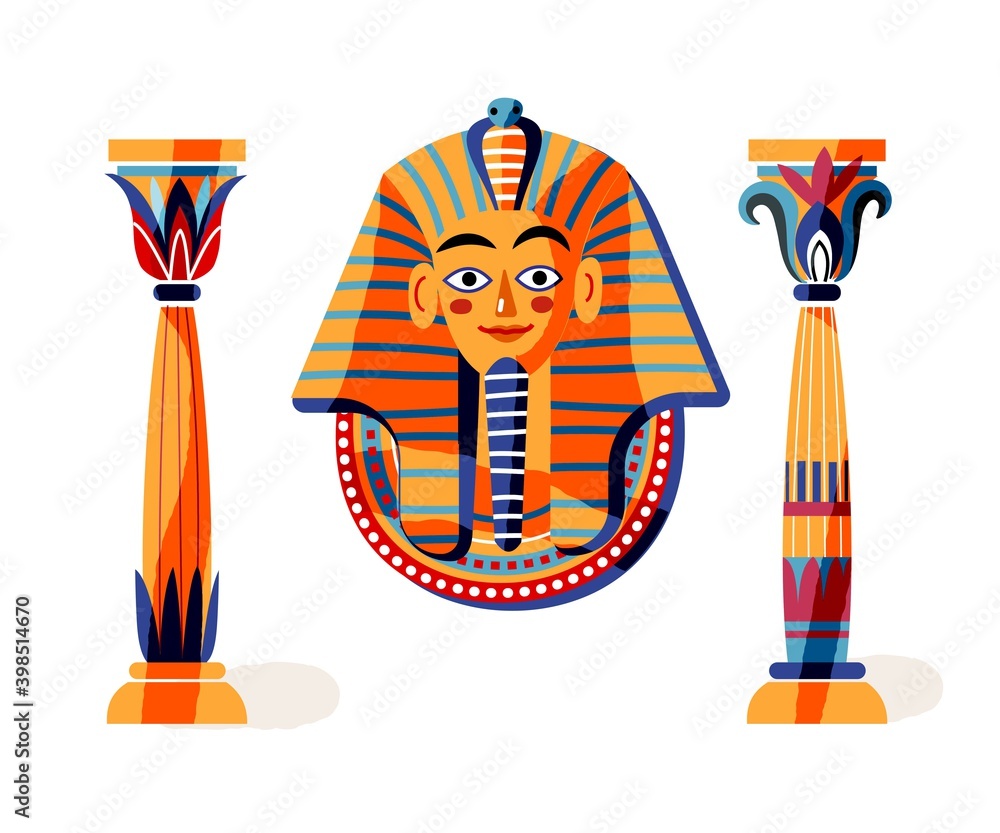 Ancient Egypt pharaoh statue and columns. Egyptian art history symbol