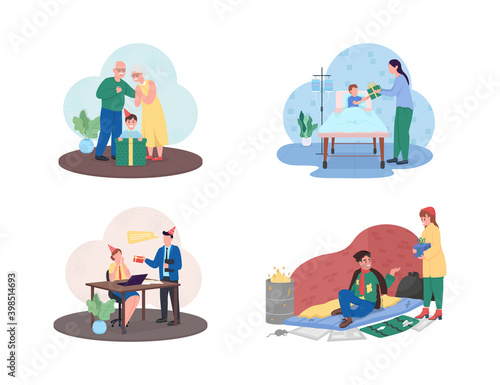 Christmas charity gift 2D vector web banner, poster set. Happy female and male flat characters on cartoon background. Winter holiday printable patch, colorful web element collection