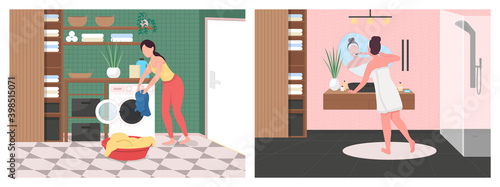 Daily routine in bathroom flat color vector illustration set. Woman take morning shower. Washing machine. Lavatory 2D cartoon interior with luxury decoration on background collection