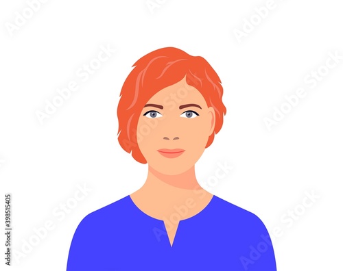 Portrait of a red-haired woman. Female character. Beautiful young woman with gray eyes. Social media avatar. Flat vector illustration on white isolated background.