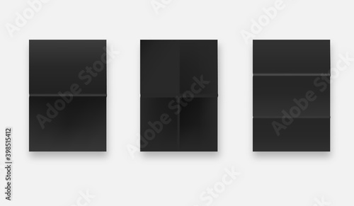 Black glued paper texture, wet wrinkled paper sheets set. A4 format.