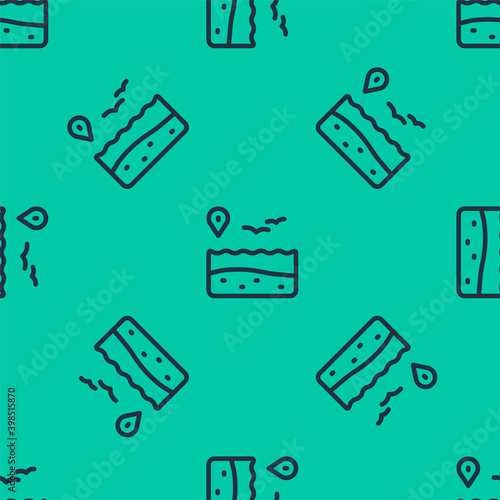 Blue line Location with beach icon isolated seamless pattern on green background. Tropical beach landscape. Good sunny day.  Vector.