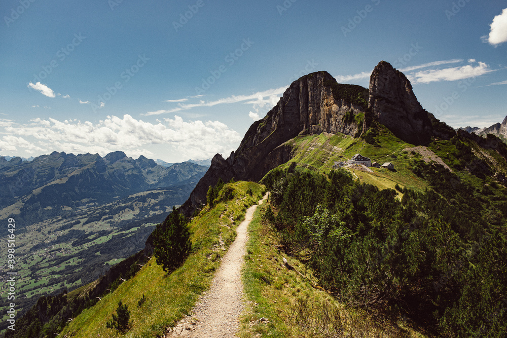 Hoher Kasten (Appenzeller Alpen), Switzerland , A sunny day in the Swiss Alps, a hiking trail leads through a narrow place. dangerous trail.