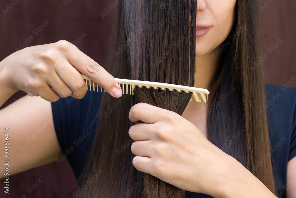 beautiful young woman with long, smooth brown hair looks after her hair. combing her hair beautiful young woman with long, smooth brown hair looks after her hair. combing her hair