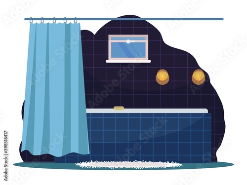 Bathroom modern interior design background. Bath with curtain, shelf with cupboard, soap, carpet, dark blue tiles. Everyday routine at home vector illustration. Trendy indoor scene