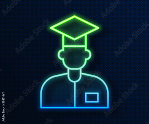 Glowing neon line Laboratory assistant icon isolated on blue background.  Vector.