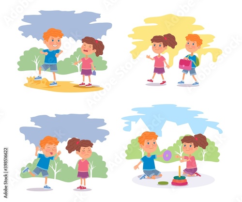 Good children versus bad kids set. Angry boy ruining sand castle, bullying girl. Playing with toys outdoor together and walking to school carrying backpacks. Manners and behavior vector illustration