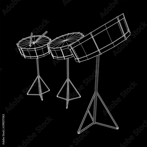 Musical instruments set. Rock band kit. Percussion musical instrument drum and stick. Wireframe low poly mesh vector illustration.