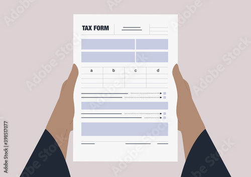 A tax return form template, hands holding a blank document, annual financial report