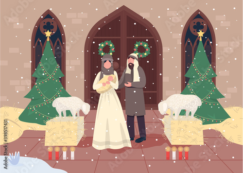 Christmas nativities flat color vector illustration. Celebration of birth of Jesus. Holy bible scene. Xmas tree, decoration. Religious Christian 2D cartoon characters with church on background
