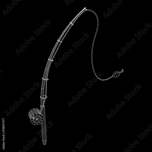 Fishing rod with line sinker and hook. Wireframe low poly mesh vector illustration.