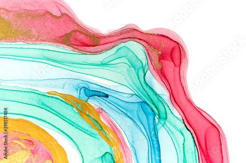 Abstract layers of pink paint on white background. Pink  green  blue and gold watercolor pattern.