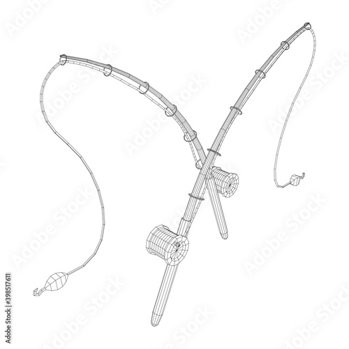 Fishing rod with line sinker and hook. Wireframe low poly mesh vector illustration.
