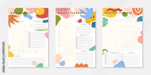 Vector daily,weekly,monthly planners templates with abstract organic shapes and doodles.Organizer and schedule with place for notes; goals and to do list.Trendy cartoon style.Abstract modern design.