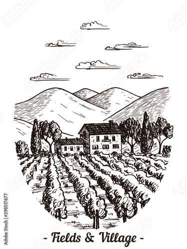 A sketch of a vineyard landscape. Handmade illustration. There are beautiful views of mountains, trees, houses, clouds and plantations. Suitable for decorating wine and natural products.