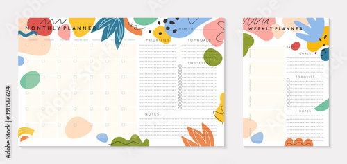 Vector weekly and monthly planners templates with abstract organic shapes and doodles.Organizer and schedule with place for notes; goals and to do list.Trendy cartoon style.Abstract modern design.