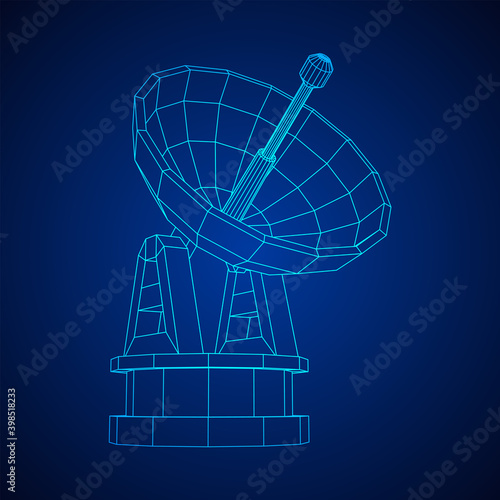 Radar. Directional radio antenna with satellite dish. Astronomy radio telescope . Wireframe low poly mesh vector illustration
